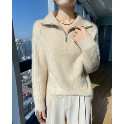 100%Wool Winter Thickening Zipper POLO Collar Tops Pullovers Casual Womens Long Sleeve Keep Warm Knitting Ladies Sweater