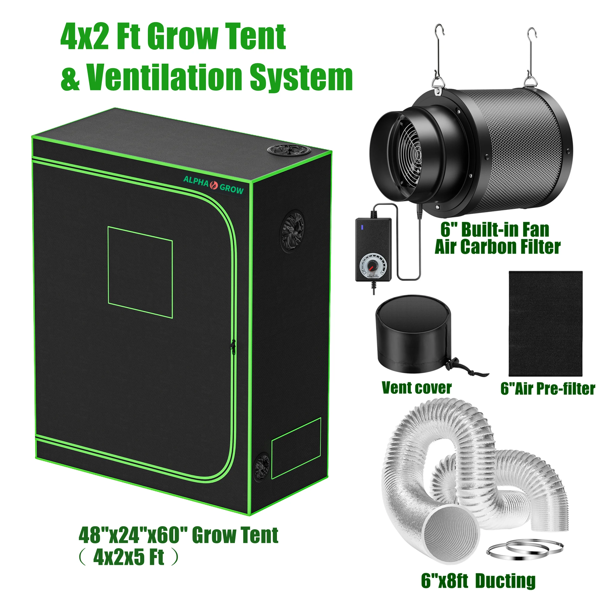 ALPHAGROW Fan-Filter Combo Grow Tent Kit - 6 Inch Inline Charcoal Unit With Speed Controller & Dual Flanges,2x2 Tent 24