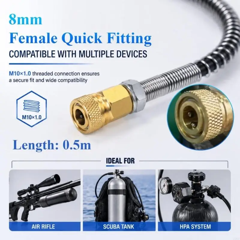 Pressurized-Air Transfer Hose with Detachable End Fittings, 10 mm x 1.0 Threaded Connection, 304 Steel Mesh Exterior, and PTFE