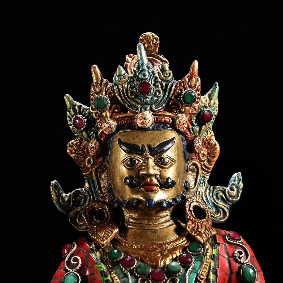 Copper painted ruby green pine Tibetan biography depicted gold and yellow Buddha statue of the God of Wealth Home Buddhist Hall