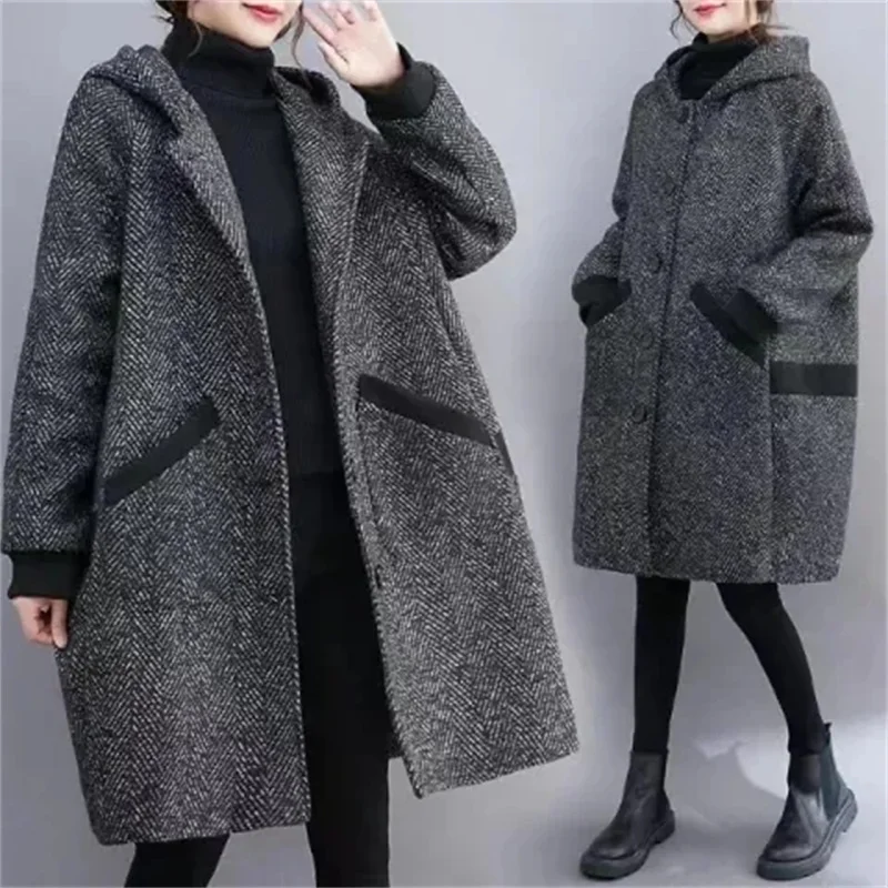 

Mom's Hooded Cardigan Jacket Women's 2023 Autumn Winter Plush Middle-Aged and Elderly Fitting Casual Long Coat Women's Clothing