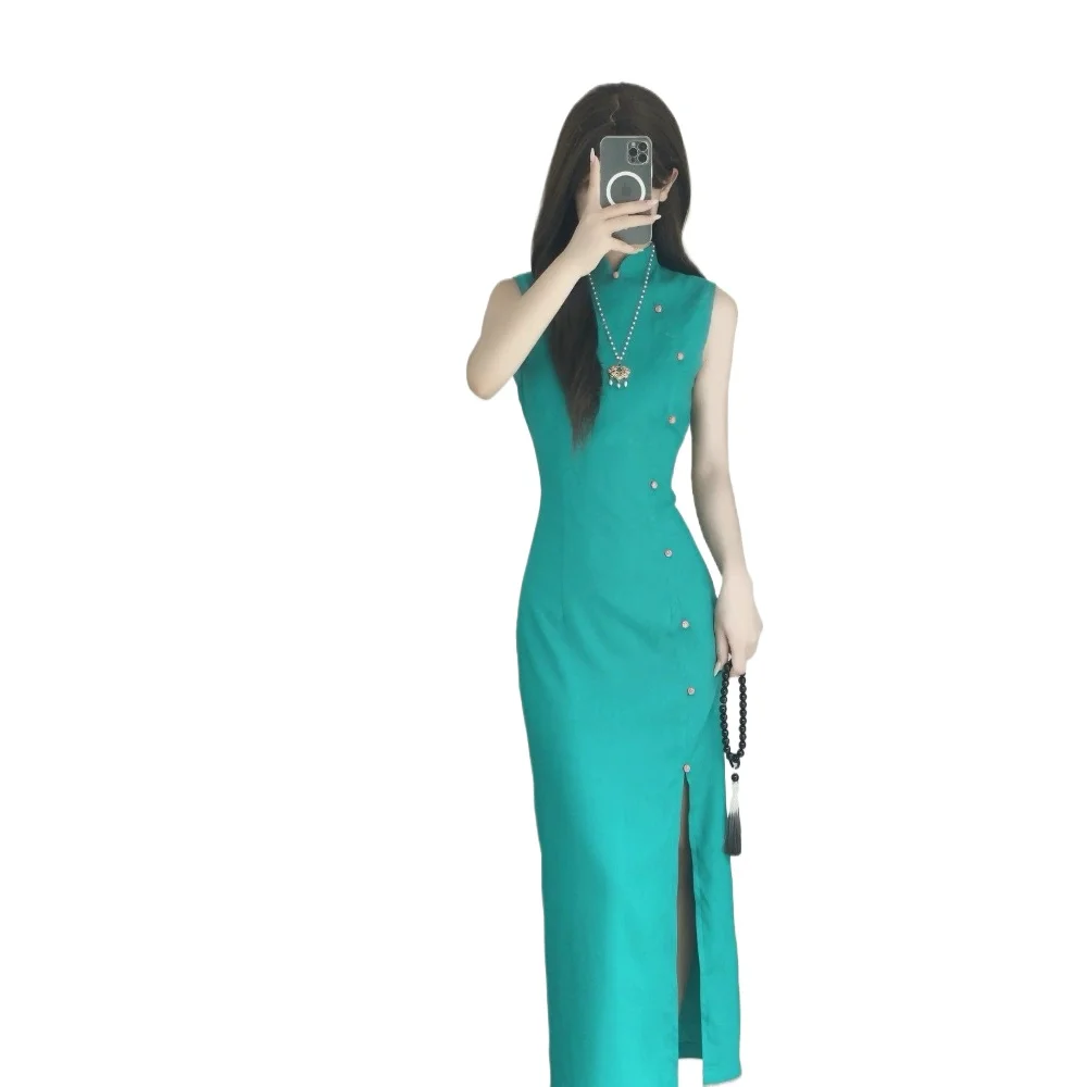 

Elegant Cool Tone Qipao, Sleeveless Solid Color Cheongsam, Slim Long Dress Summer Women Vintage Fashion Youth Dresses