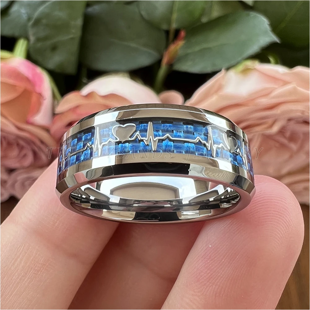 Ehering aus Wolframkarbonfaser mit Herz-Inlay, Jubiläumsring für Damen und Herren, Verlobungsschmuck, poliert, glänzend – Detail 6