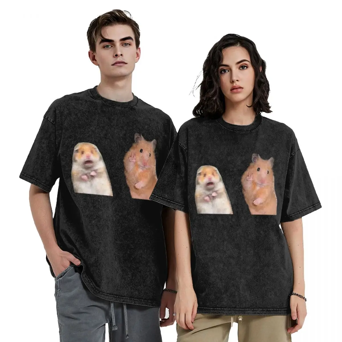 Hamster Meme Washed T Shirts Harajuku Short Sleeve Hip Hop T-Shirt Streetwear Tops Tees for Men Women