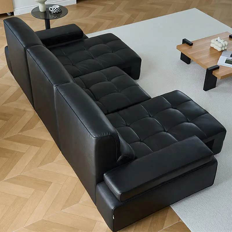 #Genuine Leather Electric Sofa Bed Set Modern Design Living Room Three Person Seat Expandable Dual-use New Black