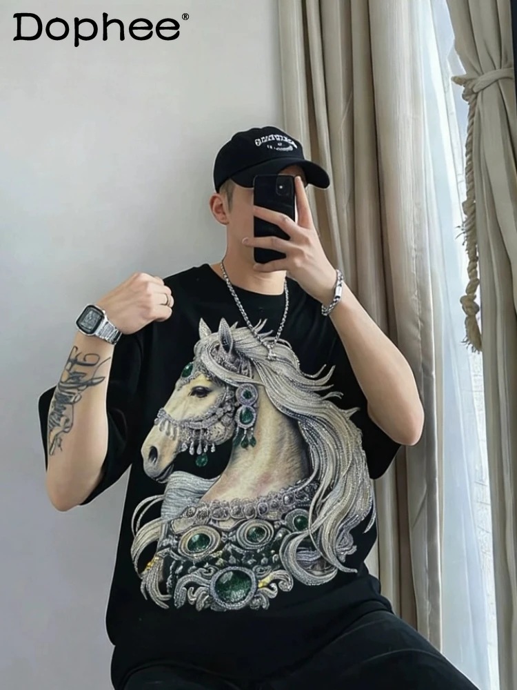 

2026 New Men's Fashion Heavy-Duty Rhinestone Loose Round-Neck Short-Sleeve Summer Casual Cartoon Trendy T-Shirt