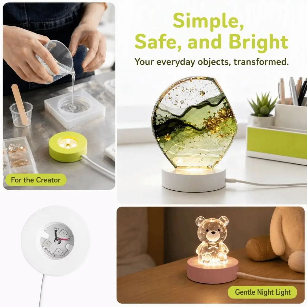Round LED Light Art Display Base White Light/Warm Light/Colorful Light 6cm Diameter Plastic LED Light Base Display Stand