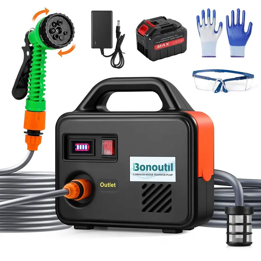 

Водяной насос с батарейным питанием, 240 галлонов в час, беспроводной насос для перекачки воды, работающий от батареи, с насадкой для садового шланга, 7 режимов распыления для Wateri