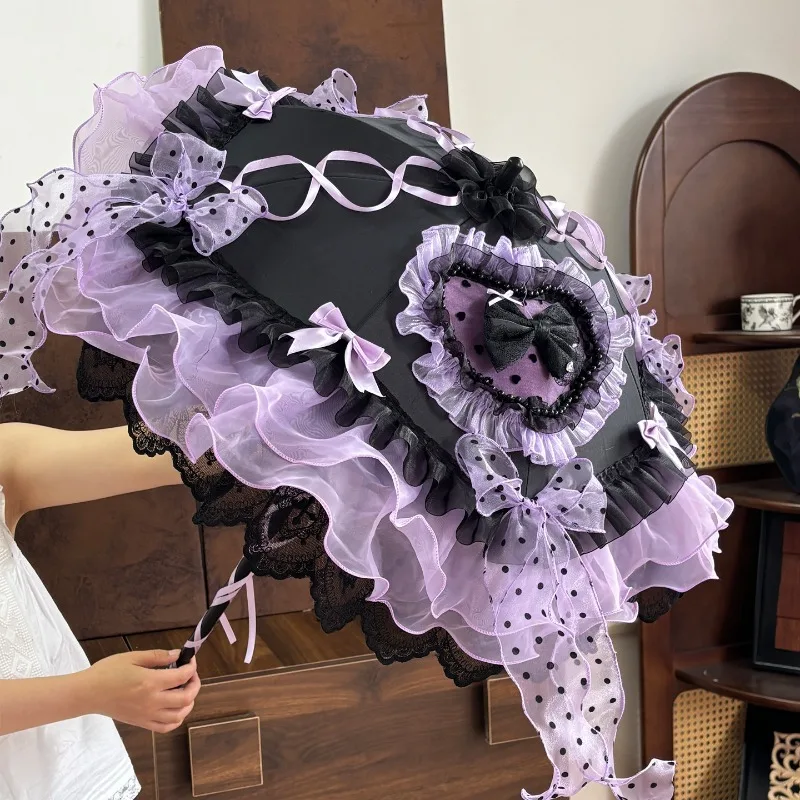 Rock‑Sweetheart Lolita Parasol Black‑Purple Sweet‑Cool Lo‑Style Umbrella Sun‑Shading Decorative Prop Fashion Photo Accessory