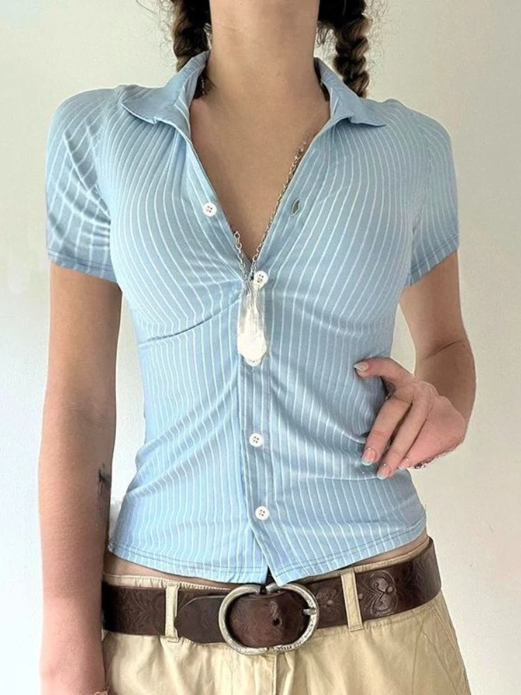 

2025 Summer Casual Pure Color Striped Shirt Retro Elegant Office Lady Sexy Slim Y2k Crop Tops Korean Fashion Colthing Harajuku