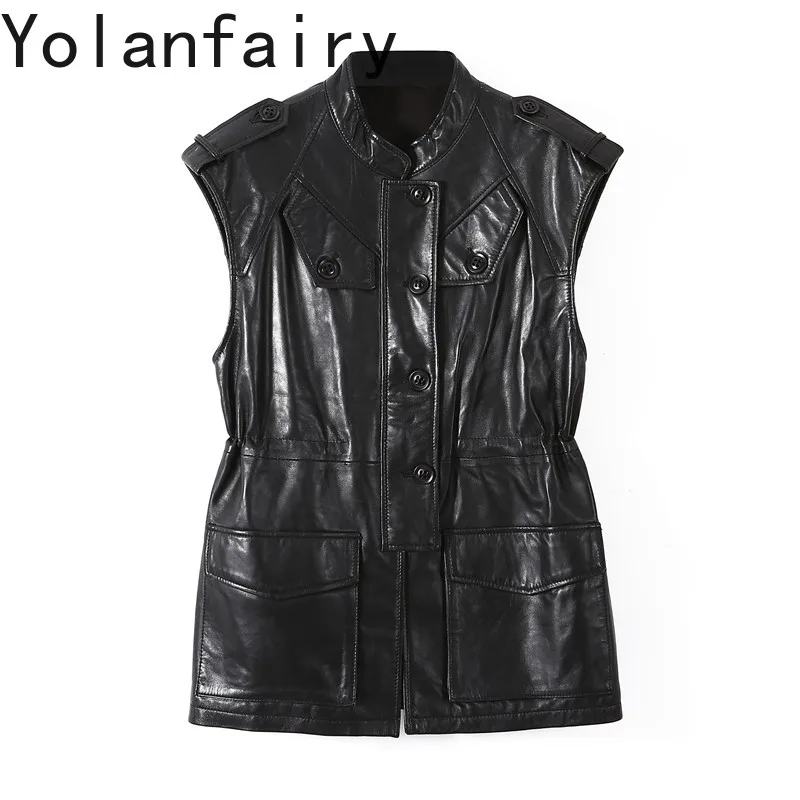 YOLANFAIRY Genuine Sheepskin Leather Vest for Woman 2026 Autumn Mid-length Black Slim Sleeveless Real Leather Coat Outerwear