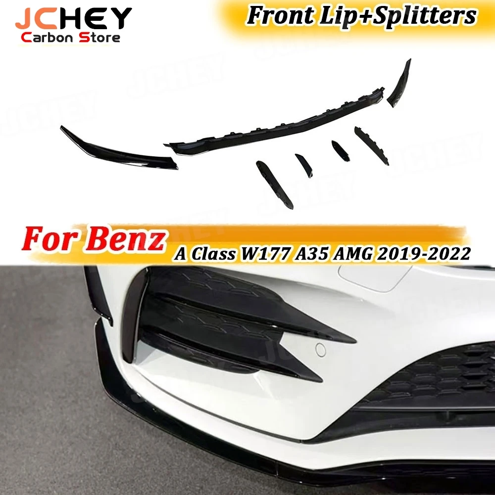 

JCHEY 7PCS Body Kit ABS Gloss Black Front Bumper Lip With Side Trims For Benz A Class W177 A35 AMG 2019-2022 Sedan