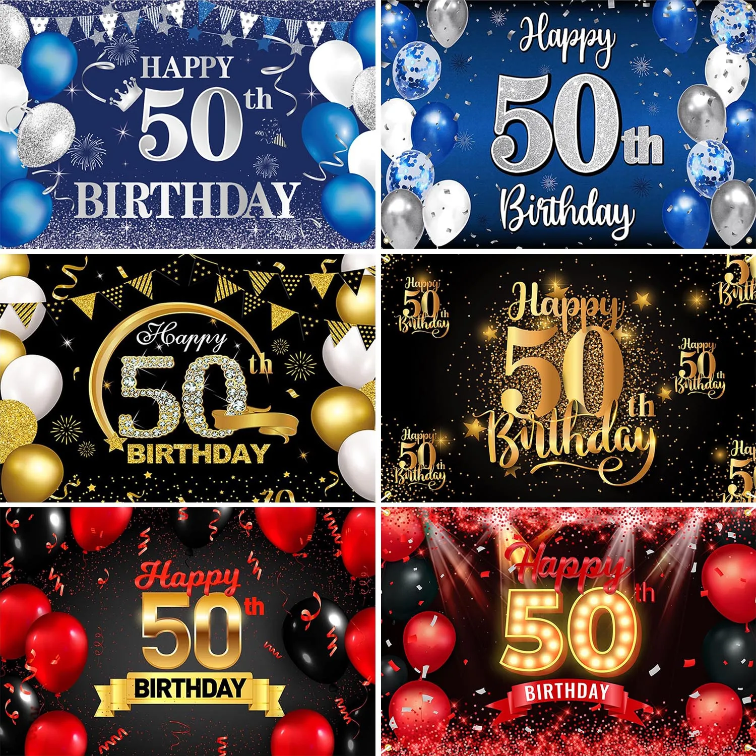 Happy 50th Birthday Party Decoration Backdrop Black Gold Navy Blue Silver Red Background For Adult Men Women Fifty Years Old