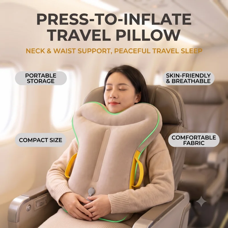 Press Inflatable Travel Pillow – Neck Protection U-Shape Pillow, Multifunctional Nap Pillow for Flight, Car, Office