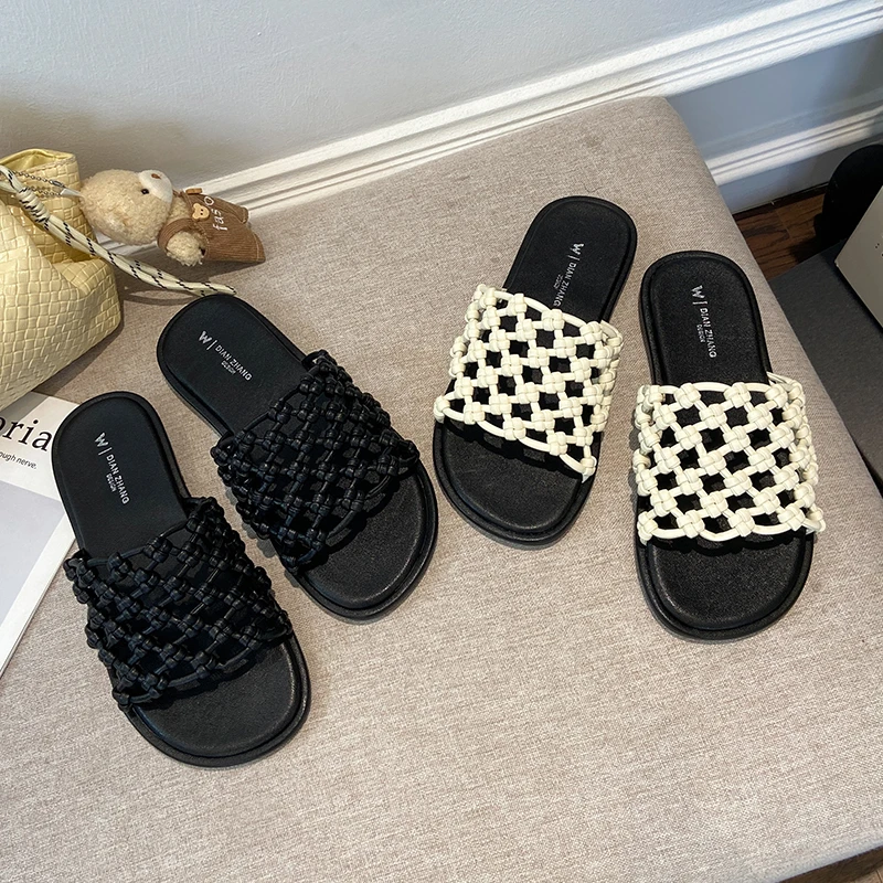 

Women's Summer Hollow Woven Slide Sandals Open Toe Flat Non Slip Casual Slip On Slippers For Daily Beach Outdoor Wear