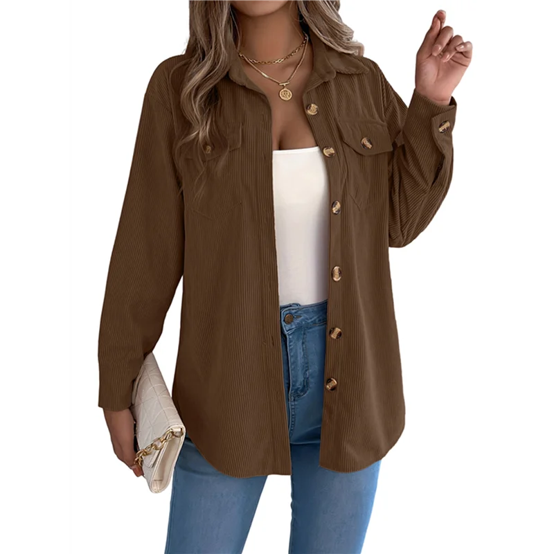 

ABP-Кnitted Shirt Женская осенняя вельветовая рубашка с короткими рукавами Рубашка с длинными рукавами Рубашка на пуговицах Куртка Coffee M