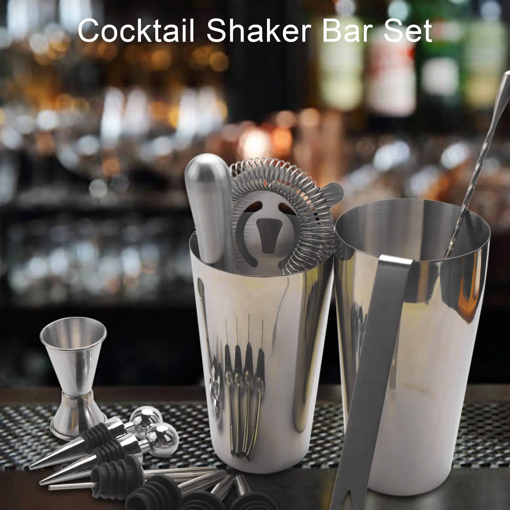 Stainless Steel Boston Cocktail Shaker Bar Set Tools with 28Oz/20Oz Shaker Tins, Measuring Jigger, Mixing Spoon, Liquor