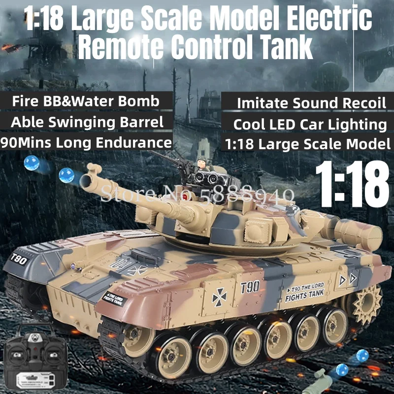 1:18 Large Scale Model Electric RC Tank 2.4G 6CH Design 90Mins Long Endurance Imitate Recoil Fire Water Bomb Remote Control Tank