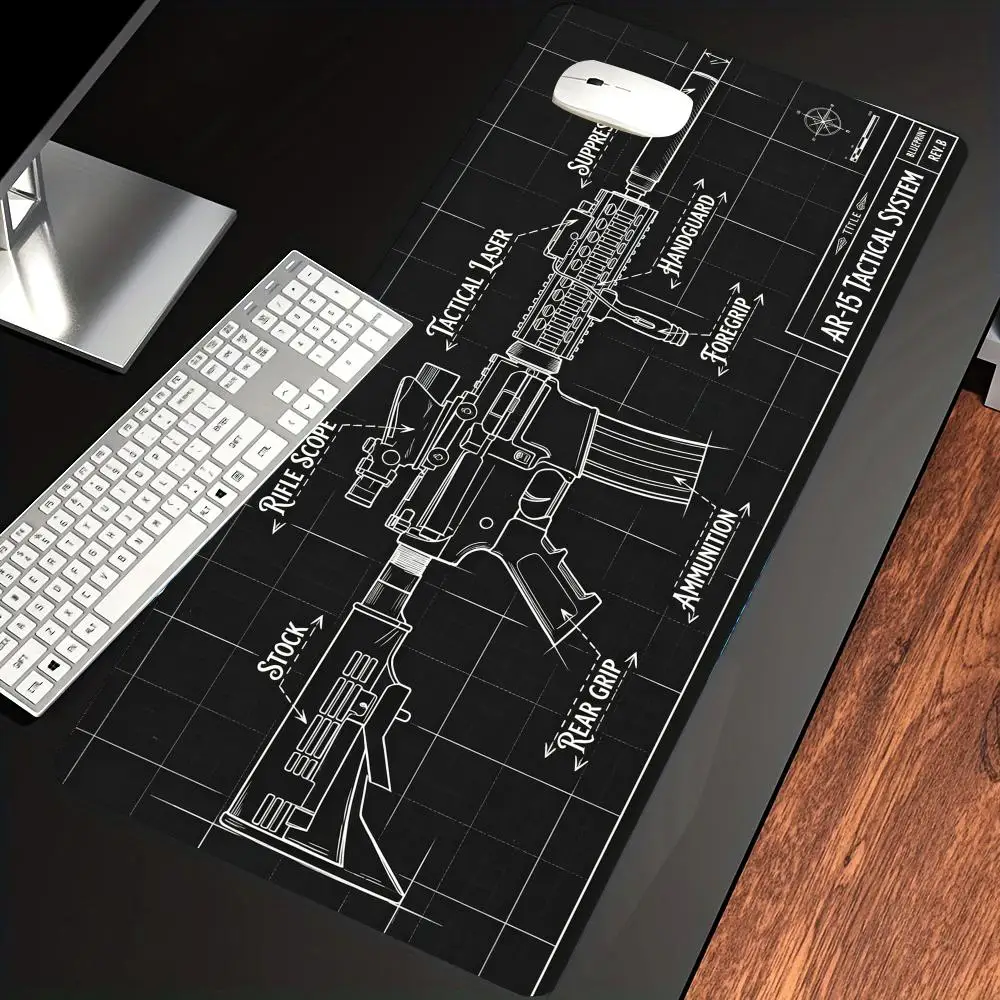 HYBXAXC Tactical Blueprint Gaming Desk Mat, Mouse Pad, Gun Schematic Deskpad, Non-Slip ,Cute Extended Gaming Keyboard Mats Gamer