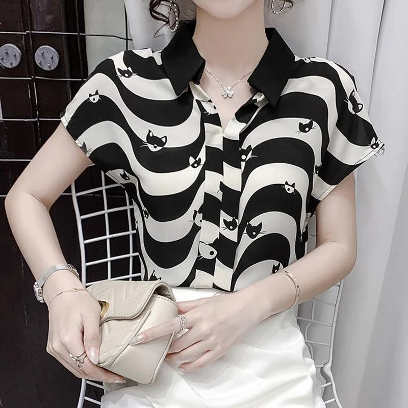 Striped Chiffon Thin Blouse Summer New Short Sleeve Polo Neck Printing All-match Youth Shirt Tops Fashion Elegant Women Clothing