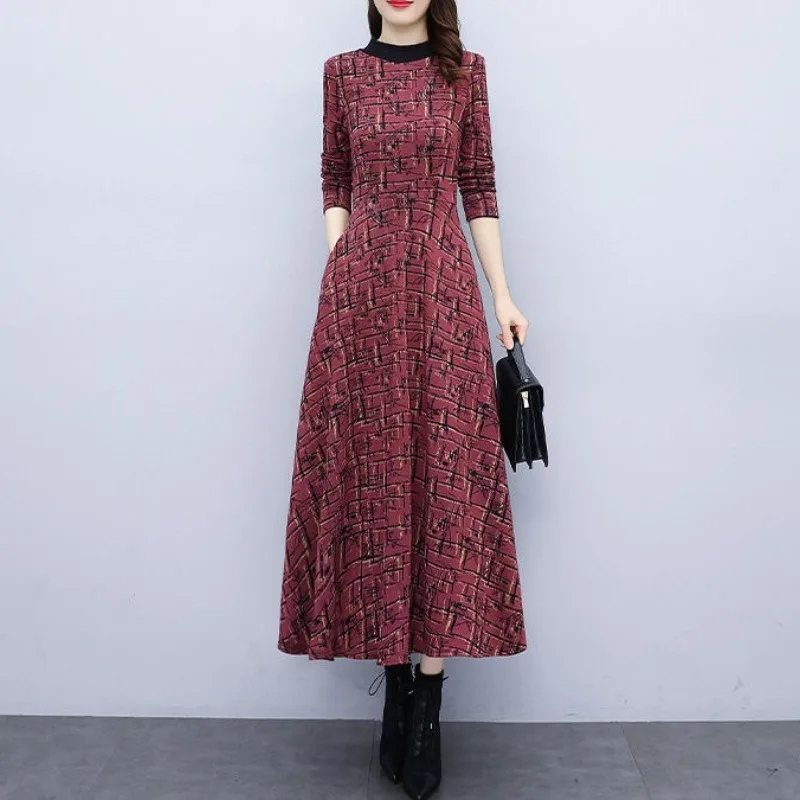 Spring and Autumn Round Neck Panel Printed Pocket New Fashion and Office Lady Women's Pullover Long Sleeved Advanced Dress