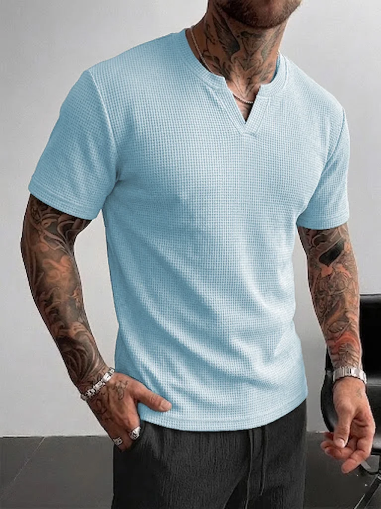 Summer Light Clothing - Kaos Henley Waffle Biru Muda Pria