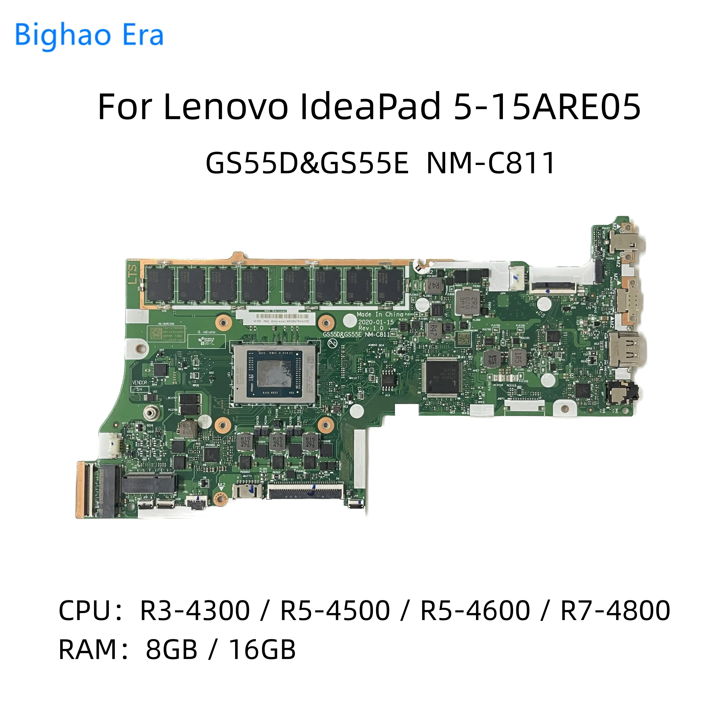 

For Lenovo IdeaPad 5-15ARE05 Laptop Motherboard GS55D&GS55E NM-C811 With R3-4300U R5-4600 R7-4800U 8GB/16GB-RAM FRU:5B20S7254