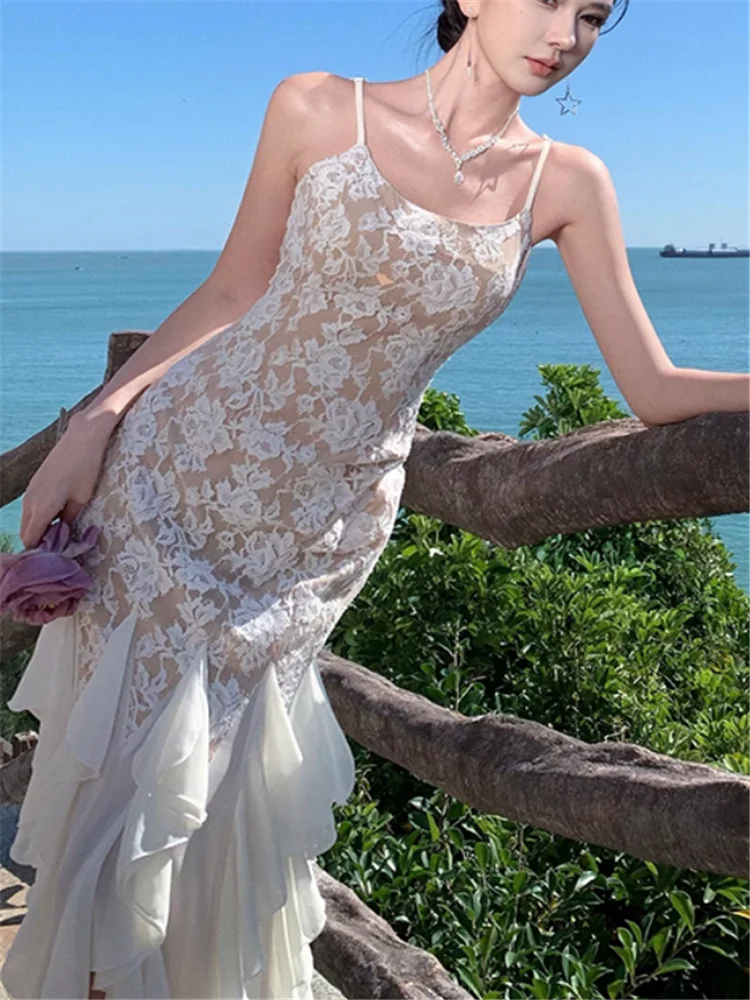 프랑스 우아한 러플 밑단 머메이드 롱 이브닝 파티 드레스 여름 레이스 화려한 슬래시 넥 백리스 스플릿 타이트 칵테일 드레스