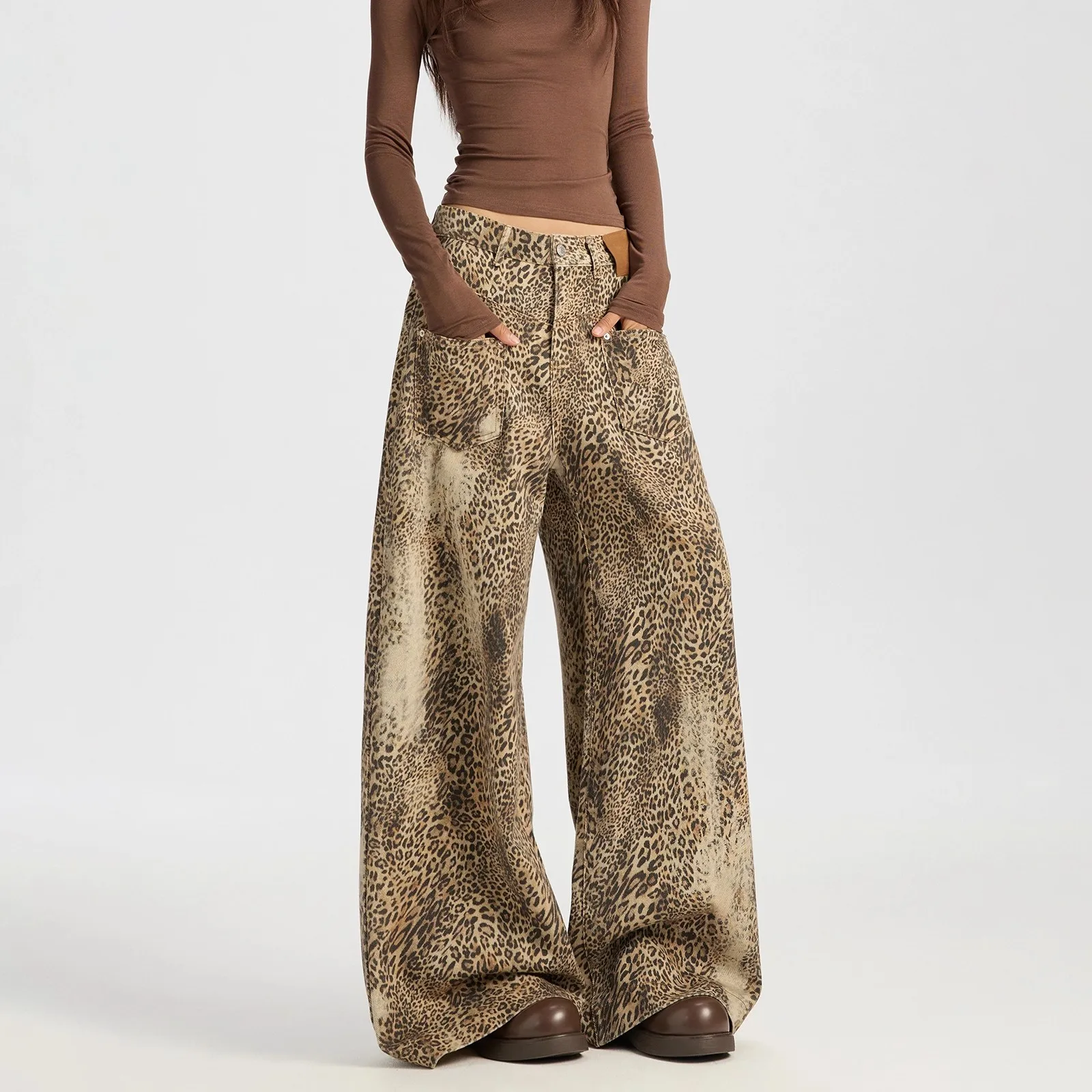 فضفاض واسعة الساق الجينز النساء عالية الخصر الرجعية ليوبارد طباعة مستقيم الجينز شارع العليا الشارع الشهير Y2k خمر سراويل جينز #3