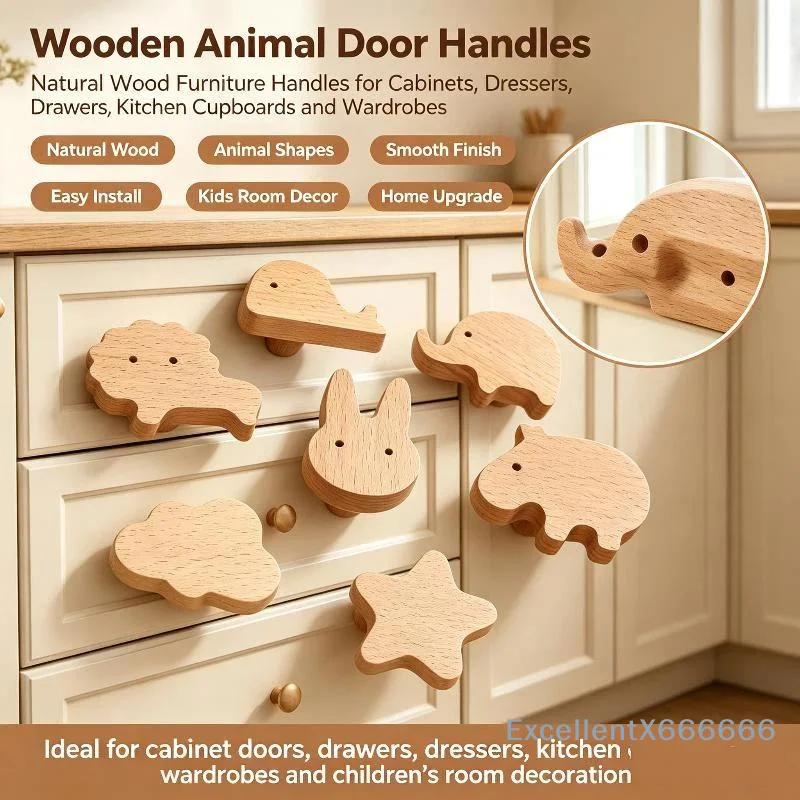 Cute Wooden Animal Door Handles Non-Toxic Solid Wood Pulls for Kids Room Cabinets Dressers Drawers Decor