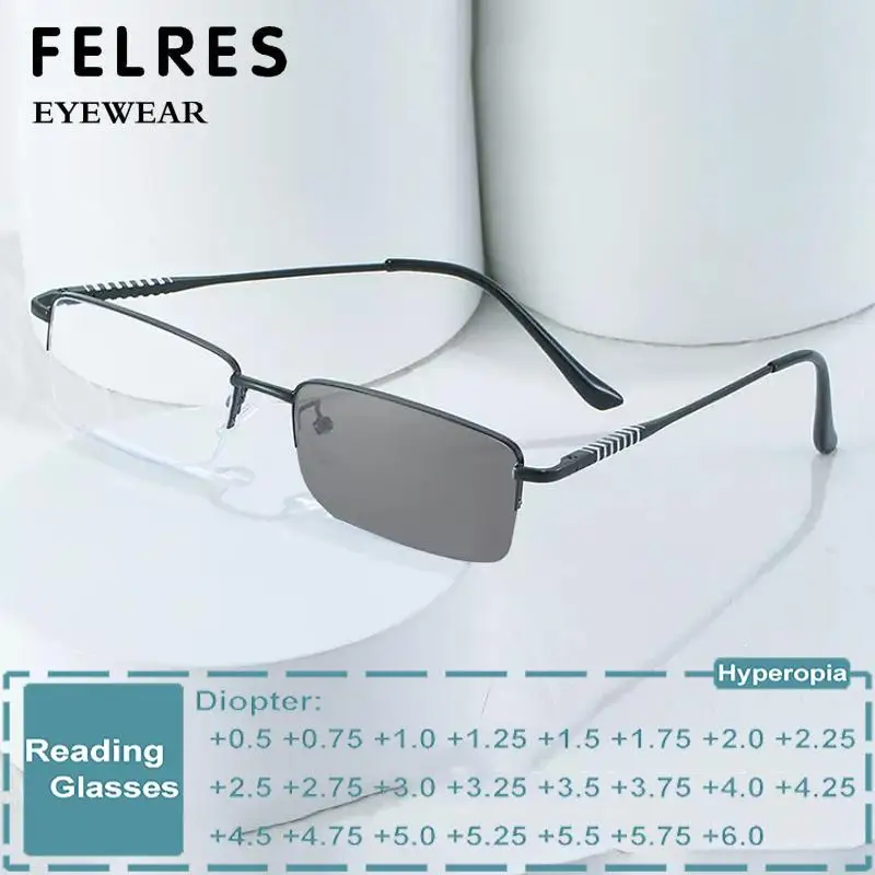 

Fashion Metal Half Frame Photochromic Reading Glasses For Men Women Square Business Presbyopia Readers Color Changing Sunglasses