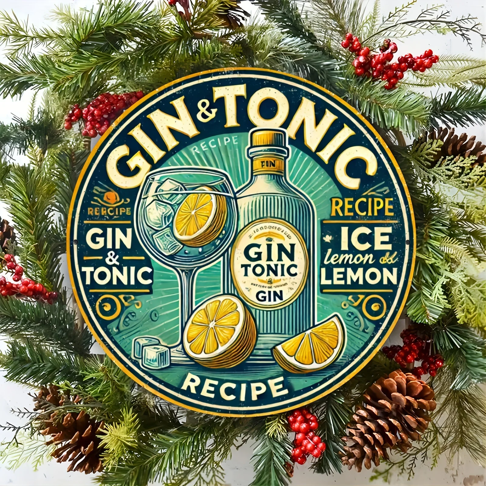 Cuadro decorativo de pared con receta de gin y tónica vintage - Letrero circular con diseño de limón y hielo