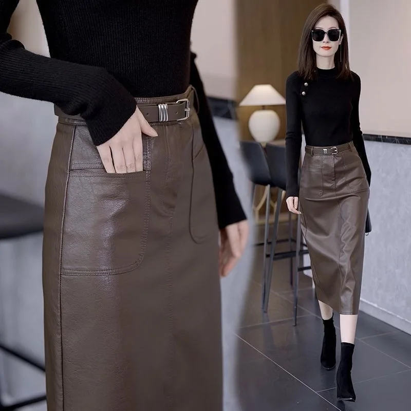 الشتاء بو الجلود تنورة عالية الخصر ميدي مستقيم خطوة واحدة التفاف الجسم تنورة قصيرة ألف خط تنورة البوليستر النسيج لون نقي #3