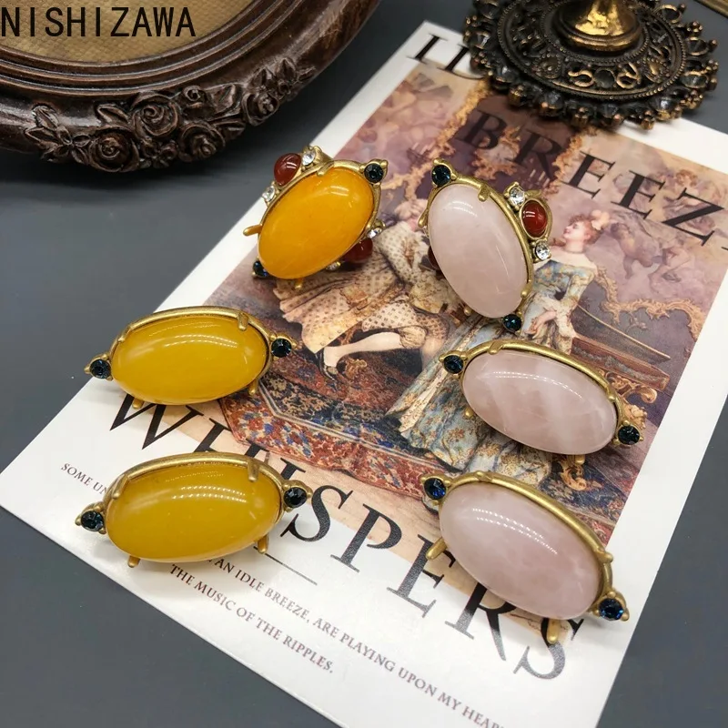 

NISHIZAWA Gemstones Earrings for Women Geometric Palace Style Vintage Jewelry Elegant Simple Sweet Aretes De Mujer
