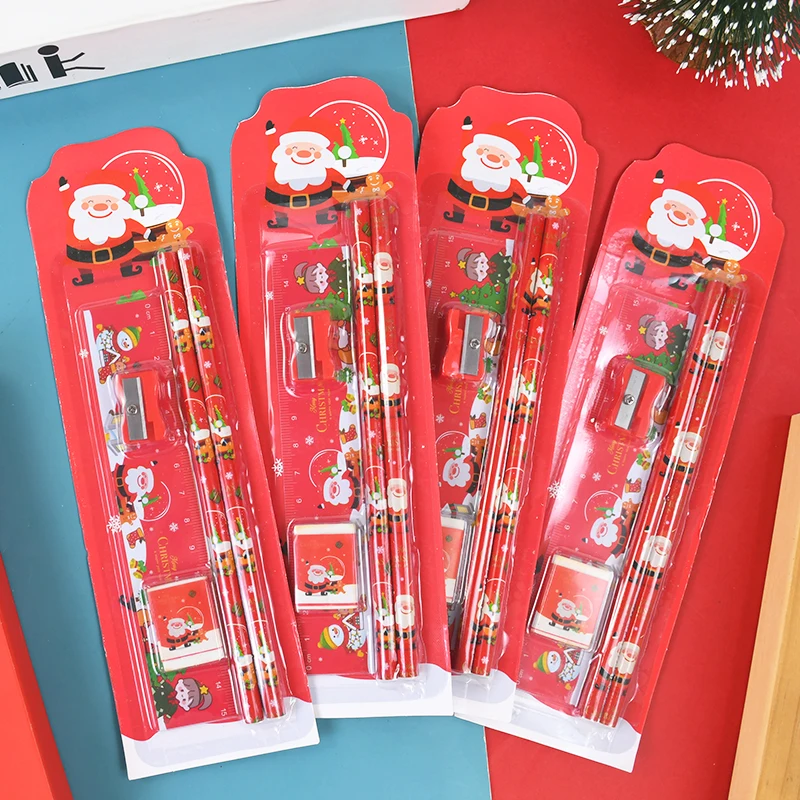 

5pcs/set Cartoon Santa Claus Pencil Eraser Ruler Stationery Set Kids Student Back To School Stationery Supply Xmas New Year Gift