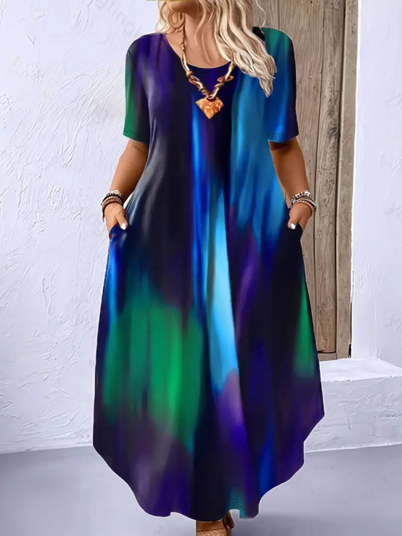 유럽과 미국 스타일의 여성 드레스3D프린트 꽃무늬 라운드 넥 반소매 드레스