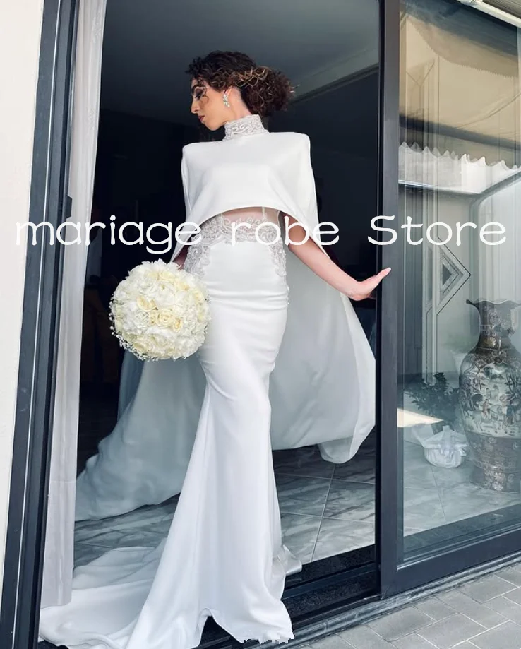 sparkly mermaid long wedding dresses with cape train crystal beaded high neck garden church bridal gown garment customsized