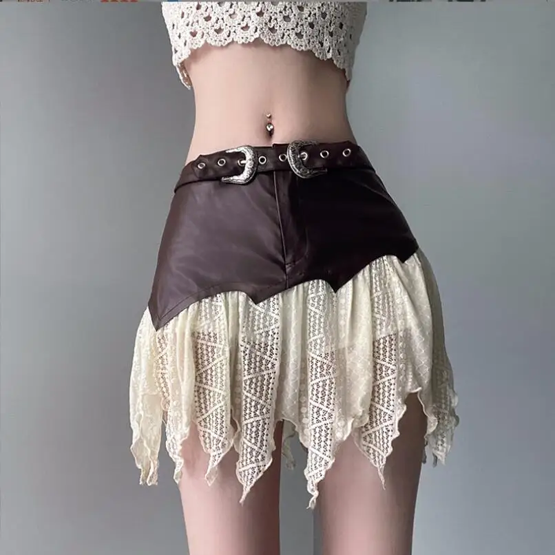 

Y2k Style Mini Skirts for Woman Metal Buckle Belted PU Leather Lace Patchwork Irregular Skirt Fairy Grunge 2024 p1241