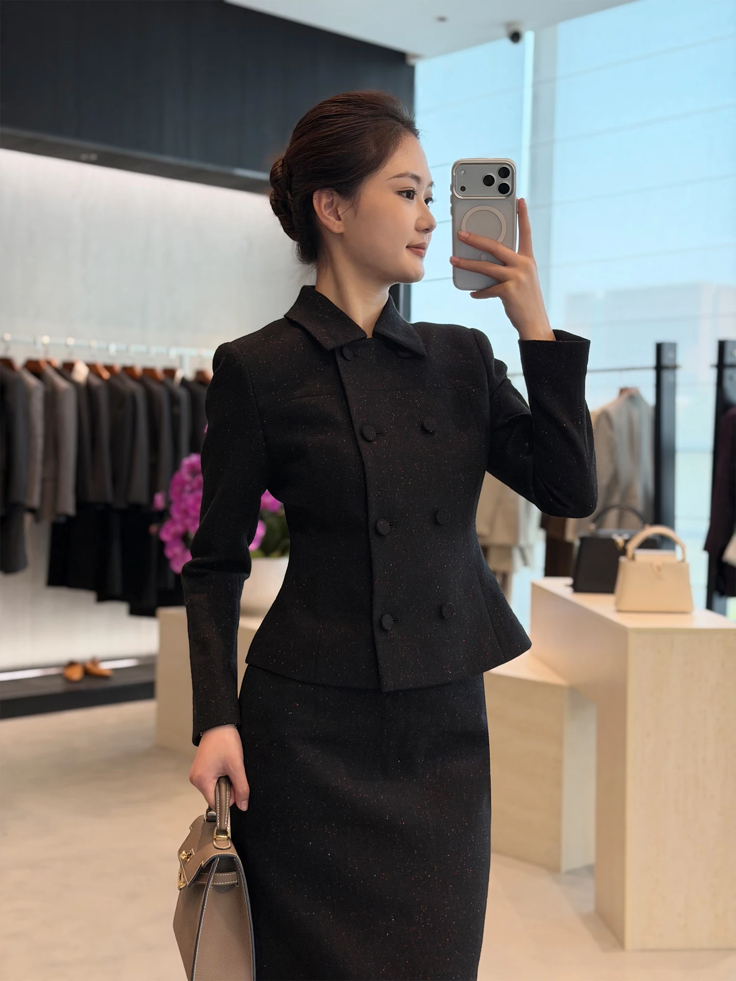 

Bla Double-Breasted ort Suit Jaet And Skirt Two-Piece Set for Women Slimming High-End Feel Commute Sle Woolen