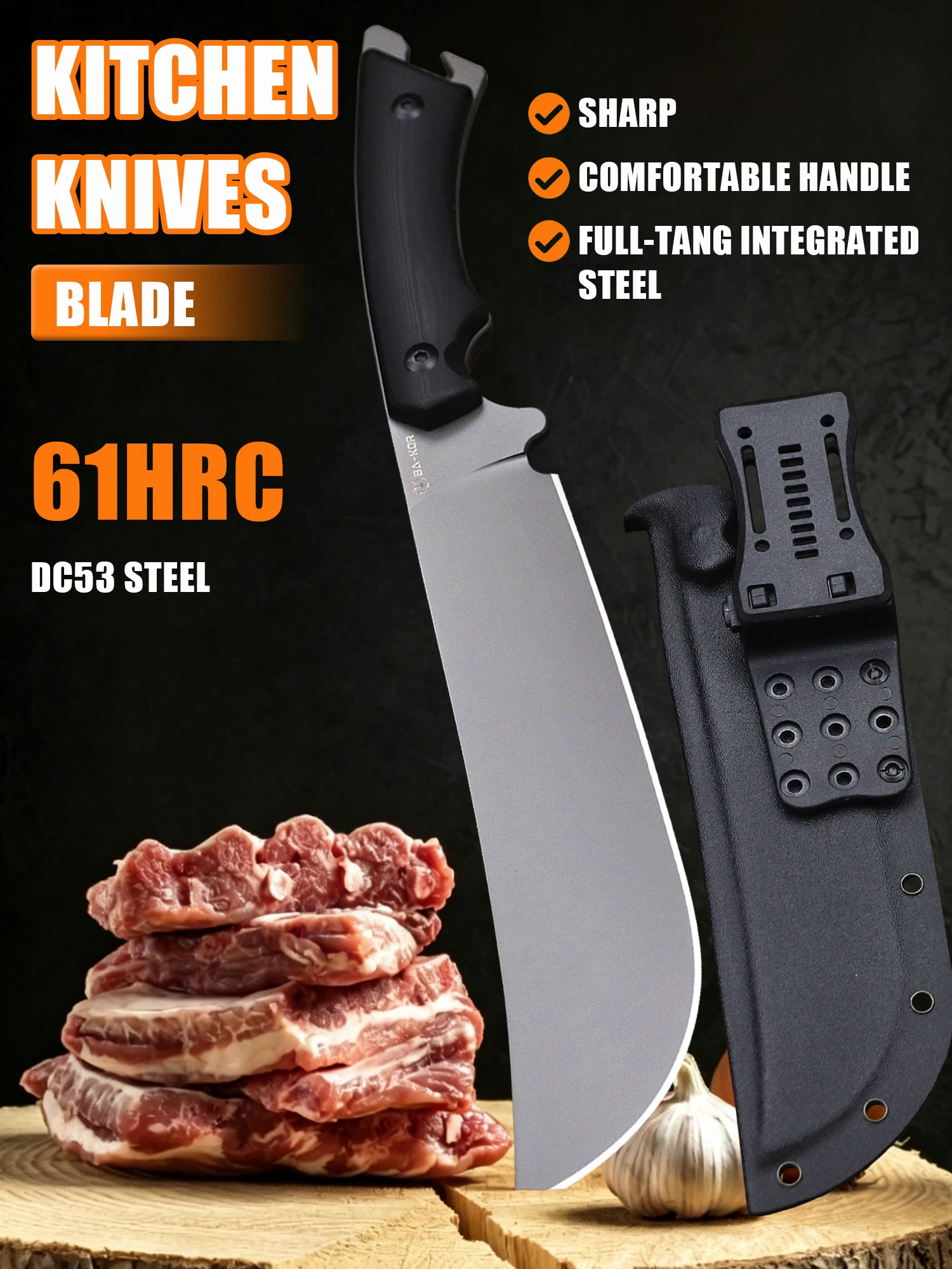 BA-KOR USA 5mm 9CR18MOV steel 14.2-inch all-Tang single-piece chef's knife, slicing knife, kitchen multi-purpose knife + sheath
