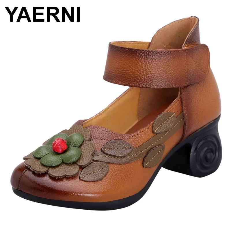 

YAERNI Ethnic Style Women's Shoes Summer Leather Flowers Round Top Non-slip Retro Middle Ages Aged Roman Mother Pumps Gift