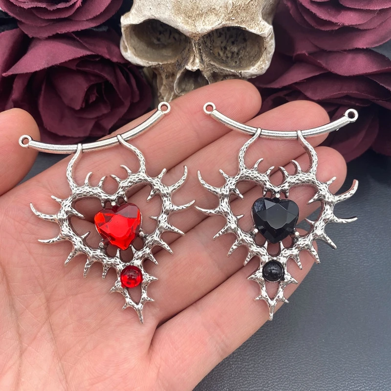 2pcs 65*49mm Goth Thorn Heart Charm Red Black Crystal Heart Vintage Punk Charms Pendants Fit Jewelry Making DIY Jewelry Findings