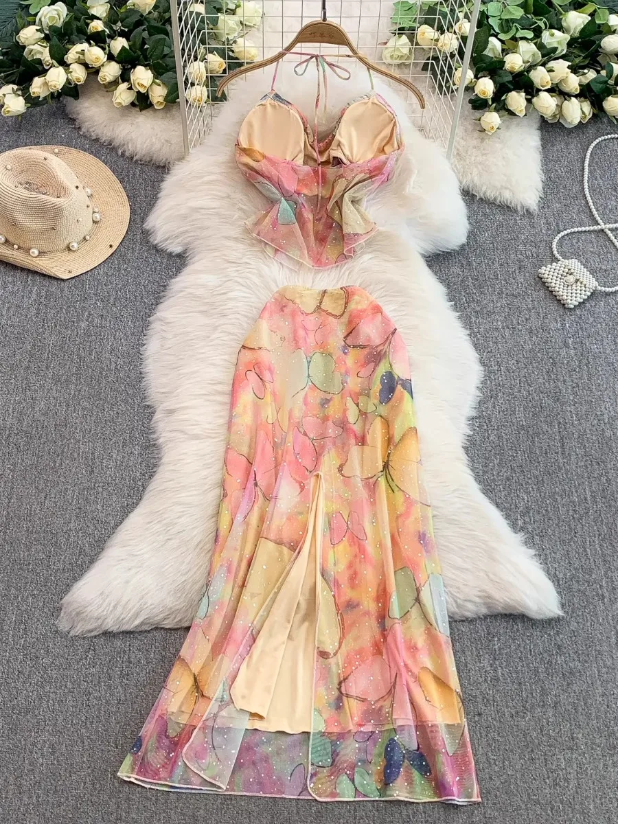 폼리나 니치 섹시 슬릿 홀터탑 & 플라워 프린트 스커트 세트 여성 휴가 신상 시크 메쉬 하이웨이스트 롱 스커트 홀리데이 세트