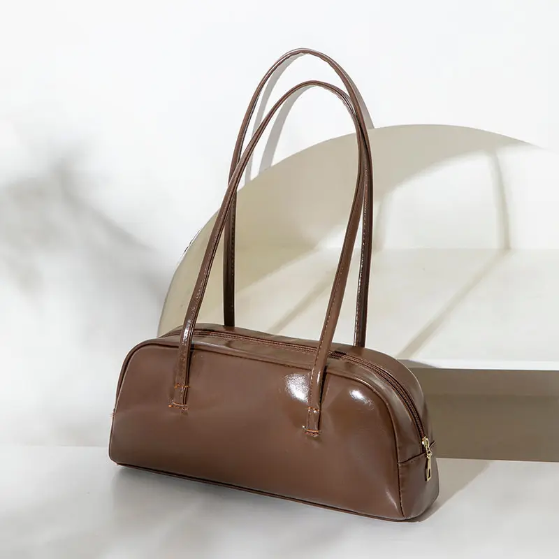 

Glossy PU Leather Long Shoulder Bag Dual Handles Zipper Closure For Daily Commute Shopping