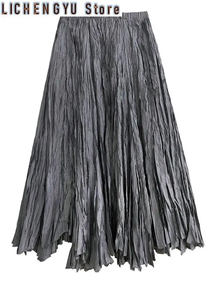 Women Black Pleated Thin Big Size Half-body Skirt High Elastic Waist Loose Fashion Tide New Spring Summer