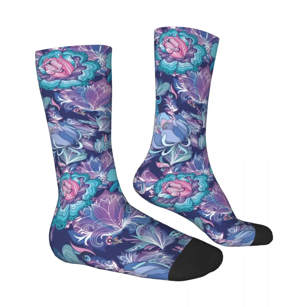 Floral Doodle Lily Lotus Peonies Dark Blue Socks Male Mens Women Summer Stockings Hip Hop