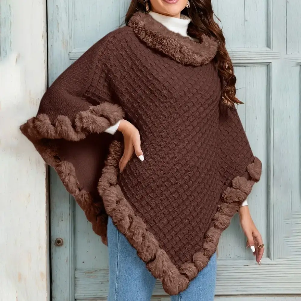 

Зимняя теплая шаль с воротником из искусственного меха, нерегулярная вязаная шаль в этническом стиле, шаль с имитацией кашемира, кисточка, монгольское пончо