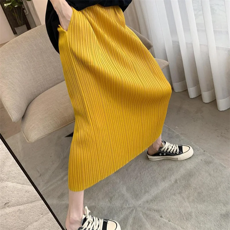 French LadyCasual Pleated Long Skirts Woman Fashion High Waist Straight Tube Maxi Skirt Summer Femme Mid Length Split Long Skirt