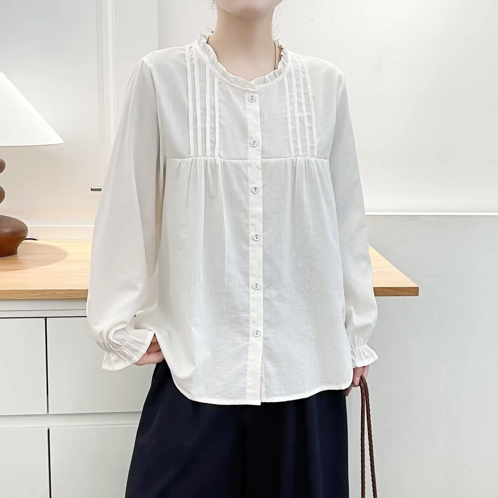 

Модные женские блузки больших размеров, осень 2021, рубашка с рюшами и воротником с длинными рукавами, стильный складной топ 011