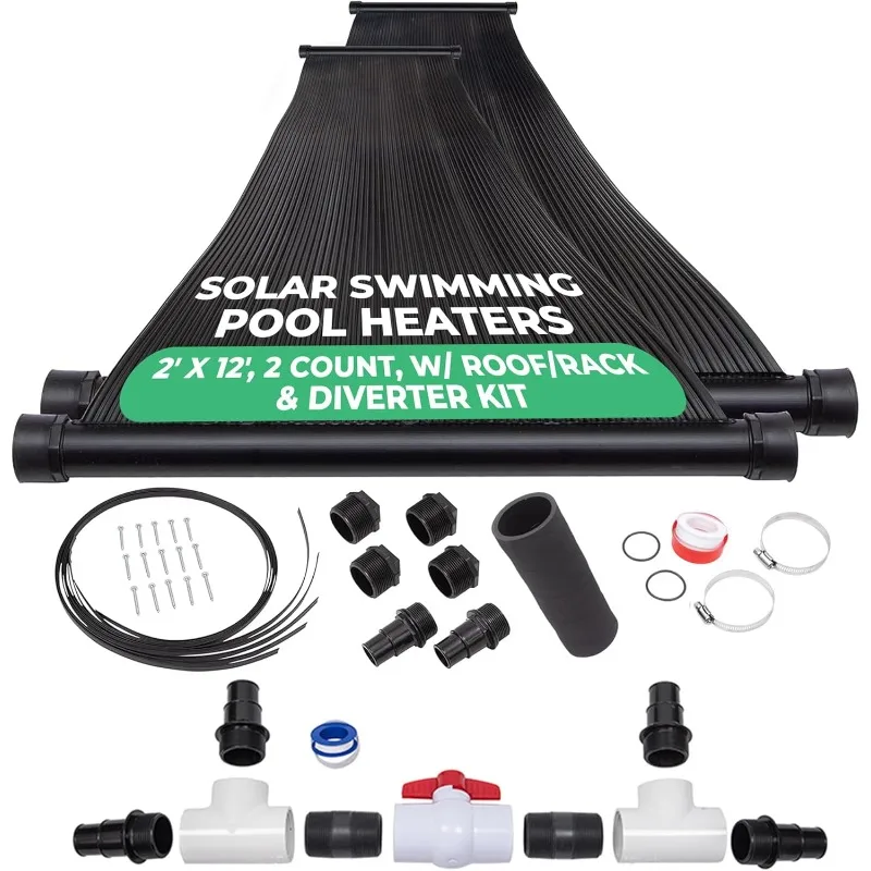 SunQuest Solar Pool Heater Panels - 2 (2ft x 12ft) Collectors w/Roof/Rack & Diverter Kit - for Above Ground & Inground Pools